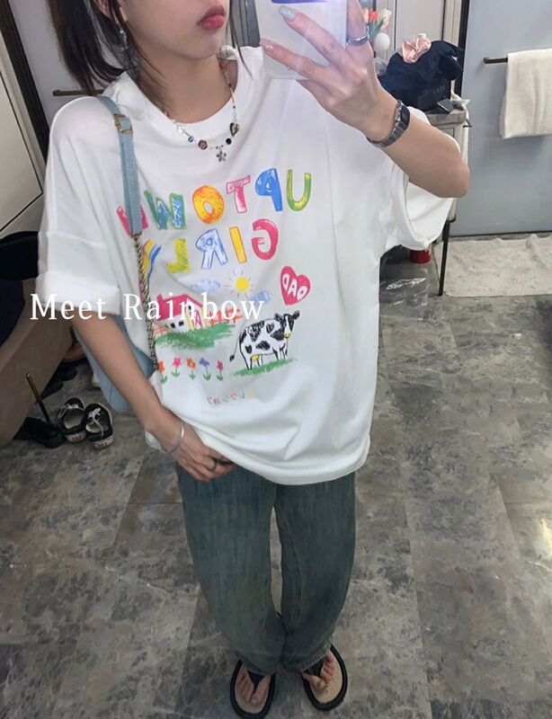 [Meet Rainbow] Korean color letter loose short sleeve T-shirt 11860# LSL