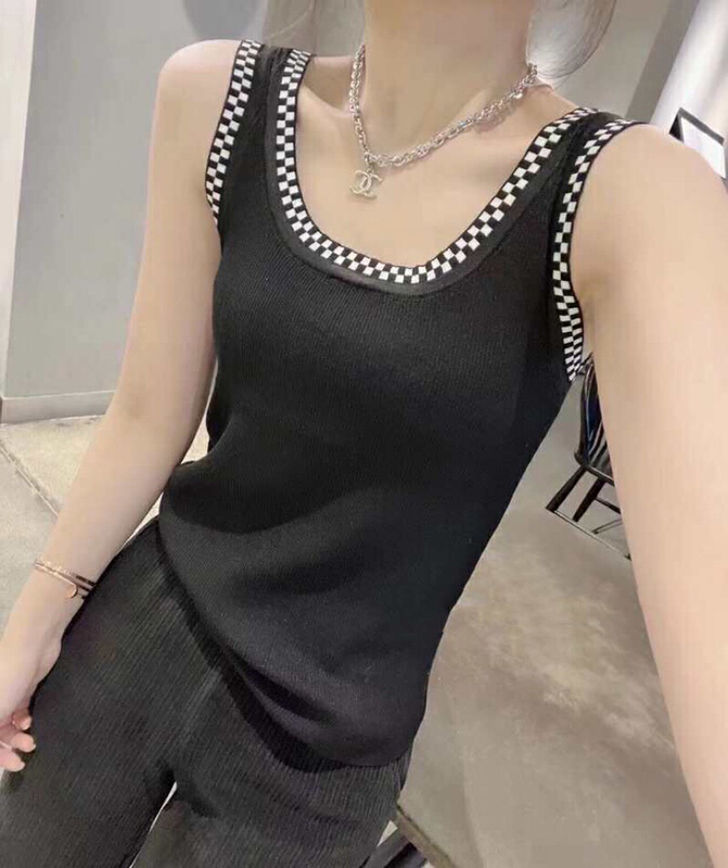 New year in early spring! [pamini] black and white checkerboard grid color matching mesh round neck sleeveless ice silk small suspender vest 2228# HJC