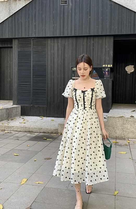 [Yingying new clothes] high waist square neck bubble sleeve Printed Dress 7396# Cl