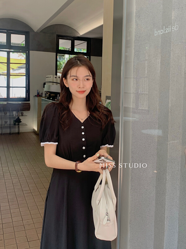 [miss miss miss home] color blocking V-neck versatile dress f2221# zjy