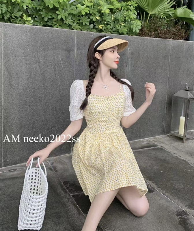 [am] Korean slim color block square neck dress 3356# JJ