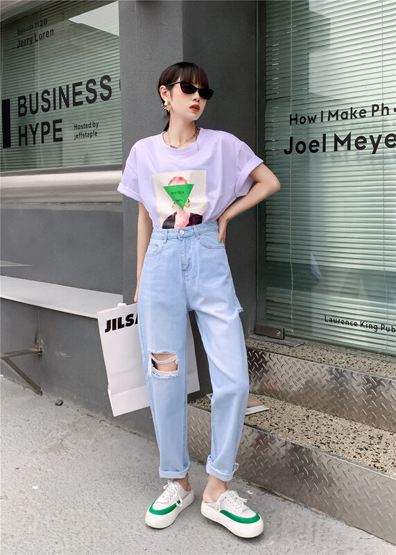 goods in stock! New year in early spring! [iris iriisy] Korean version of handsome baggy jeans with holes 8161# LSL