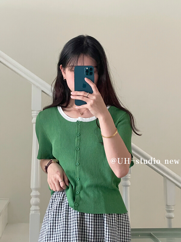 [uh] Korean color blocking round neck knitted cardigan 7779# hjy