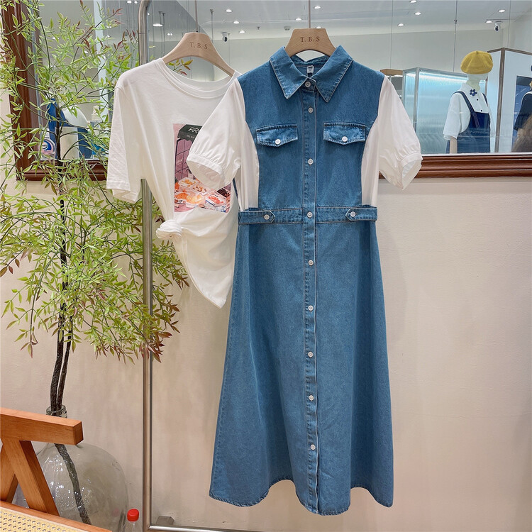 New in early summer! [t.b.s] Korean personalized color contrast stitching denim single breasted dress ys1-9006# lwy