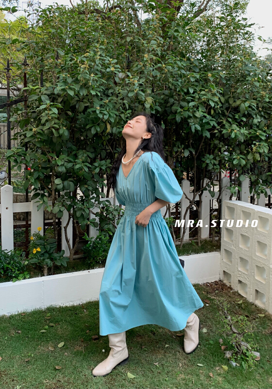 Original price 121.82! New year in early spring! [MRA] simple temperament, slim waist, bubble sleeve dress c3015# zxl