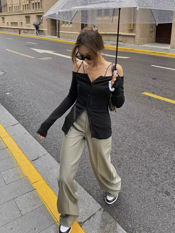 [y + vigor] cross shoulder strap design pure desire one shoulder shirt 1079# LSL
