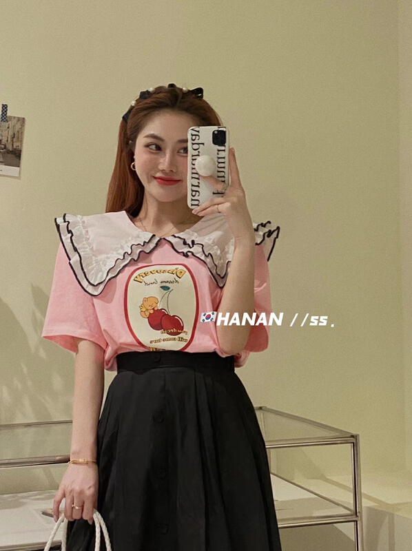 [Hanan] Korean doll neck printed short sleeve T-shirt 6219# LSL
