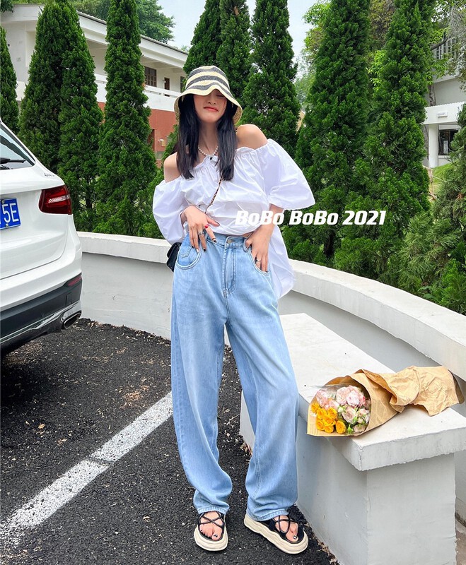 [Bobo] Korean personalized loose semi elastic waist jeans 2021# cqw
