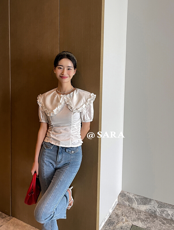 New in early summer! [Sara] sweet temperament, baby collar and waist closing shirt with fungus edge 88880# lwy