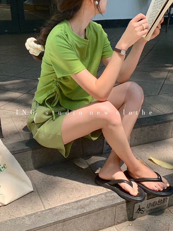 New in early summer! [ing] irregular side drawcord design loose round neck short sleeve T-shirt ing-7710# HBx