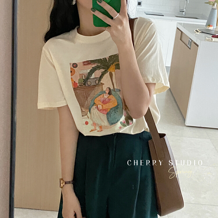 New year in early spring! [cherry studio] Korean retro oil painting girls' short sleeve T-shirt 5042# HBx for lunch break