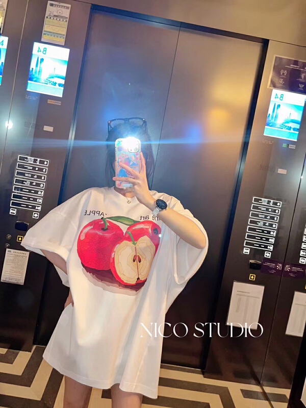 [Nancy] three apple printed large foreign style short sleeve T-shirts bs6590# WPL