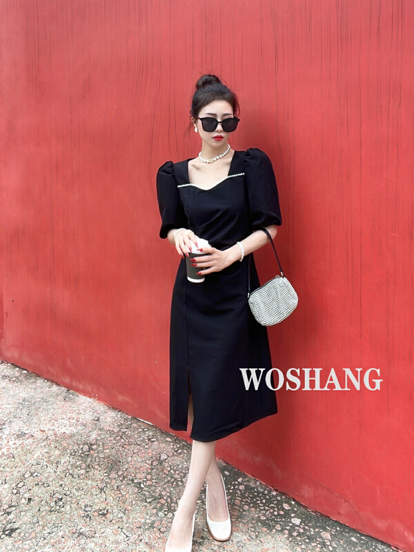 [woshang woshang] French retro square collar, gentle temperament, slim fit, waist and Hip Wrap Dress 5859# XYJ