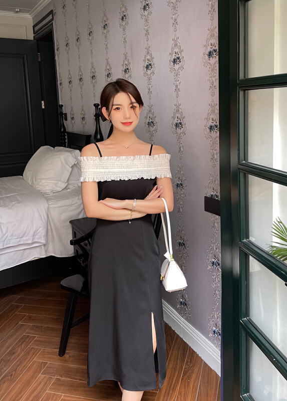 [x.future] French retro one-sided shoulder, waist and thin split suspender dress j8915# zxx