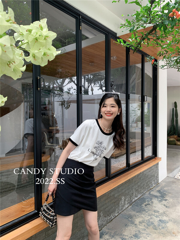 [candy] Korean simple floret round neck short sleeve T-shirt ys1-3197# zjy
