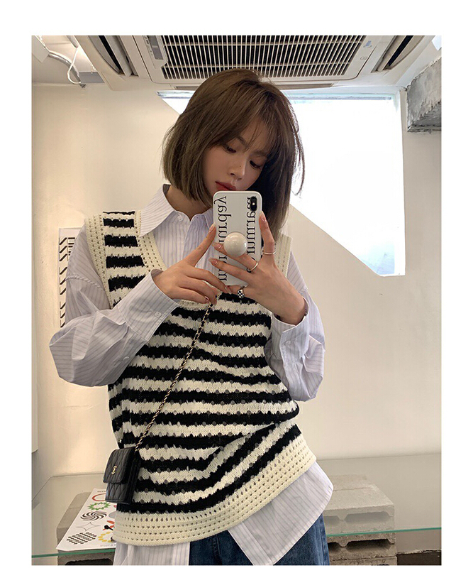 [x · h studio] striped knitted hollow LACE VEST / sling 08028# ozq