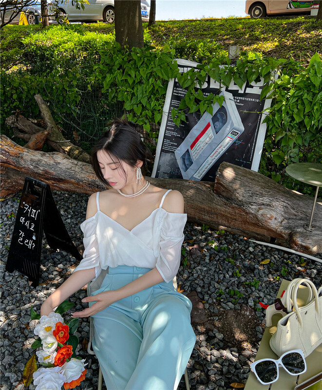 goods in stock! New in early summer! [Cr] temperament design sense sling off shoulder chiffon blouse 6118# PCZ