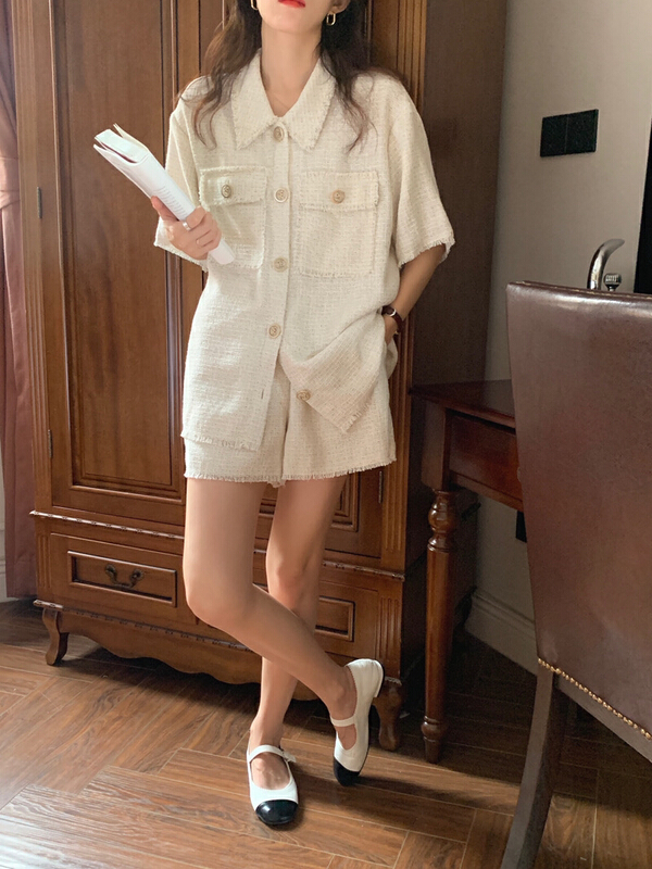 New in early summer! [timely rain] Korean style ins fashion temperament small fragrance design sense tassel Shirt Small Coat + high waist elastic shorts set 67054# WPL