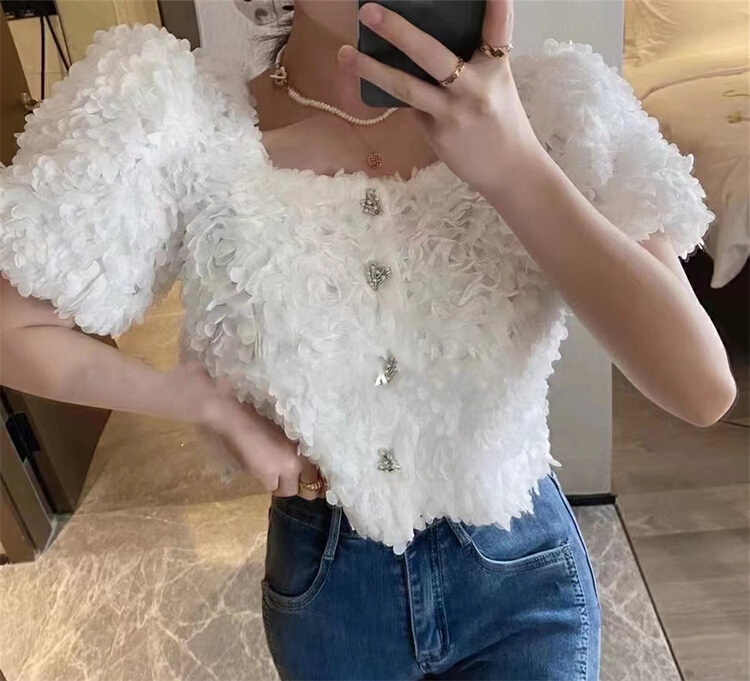 New in early summer! [d.ffstudio] embroidered single breasted bubble sleeve blouse 934# WTT