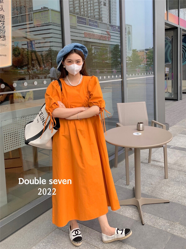 Four colors! [double seven] Korean style round neck bubble sleeve temperament dress 28708# zxx