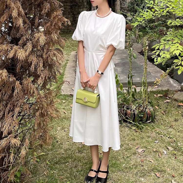 [Hanna inclusive] air bubble sleeve round neck slim dress x893# XJ