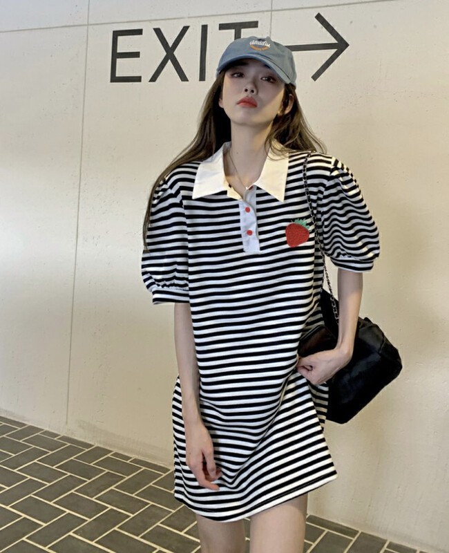 New in early summer! [JH] net red polo collar stripe embroidery dress 41493# PCZ