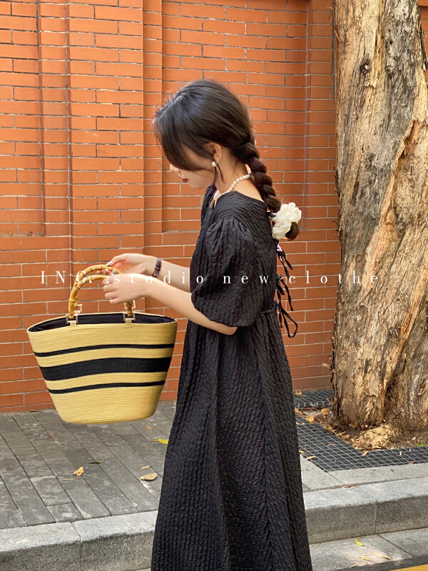 [ing] French retro backless lace up loose dress 6168# HBx