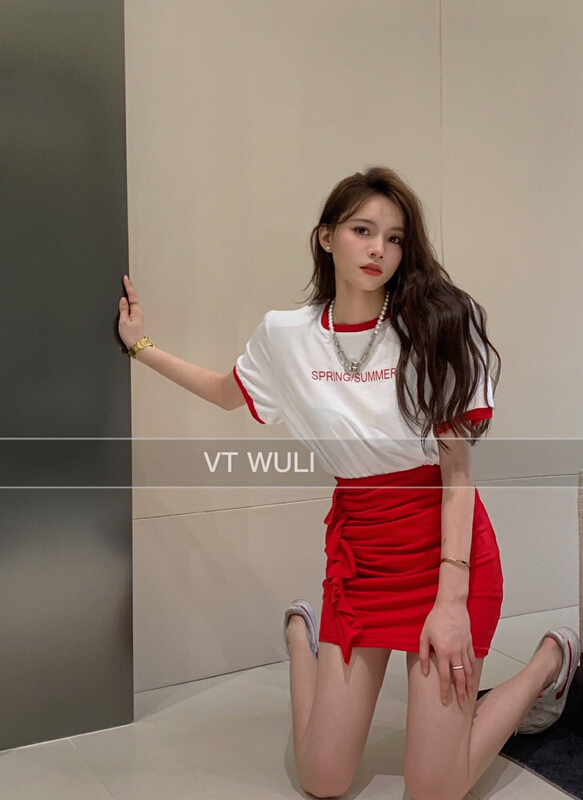 [VT] Korean contrast letter printed Short Sleeve T + wrinkled skirt set 8765# ozq