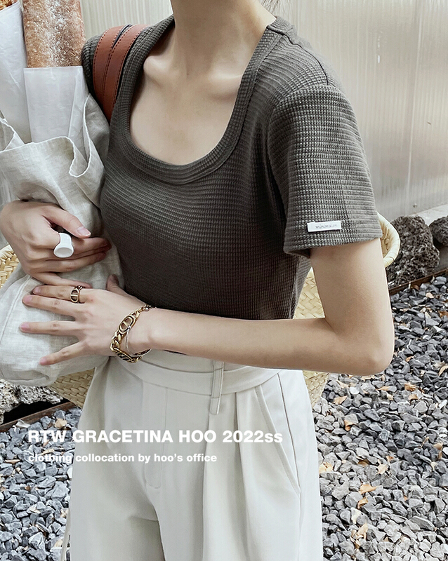 New year in early spring! [gracetina Hoo] minimalist U-neck waffle short sleeve T-shirt t460# zxl