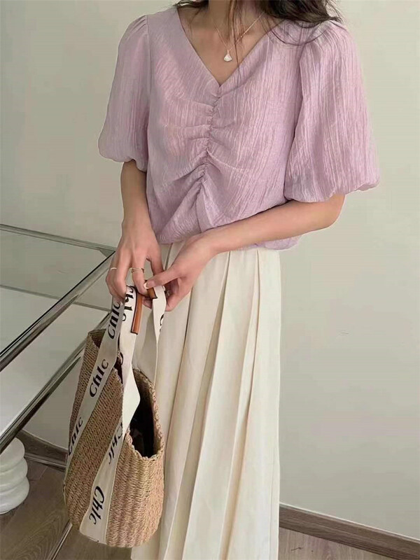 New in early summer! [Susan] Korean crimp V-neck shirt 6668# LSW
