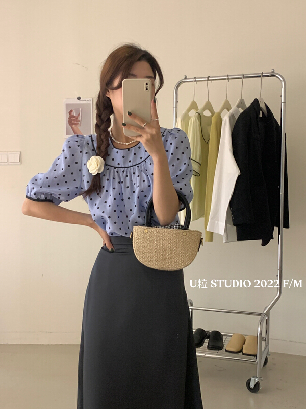goods in stock! [U grain] round neck color contrast dot blouse 5270# HBx