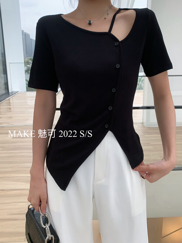 [make Meike] design sense five button oblique hem small shirt 8775# XJ