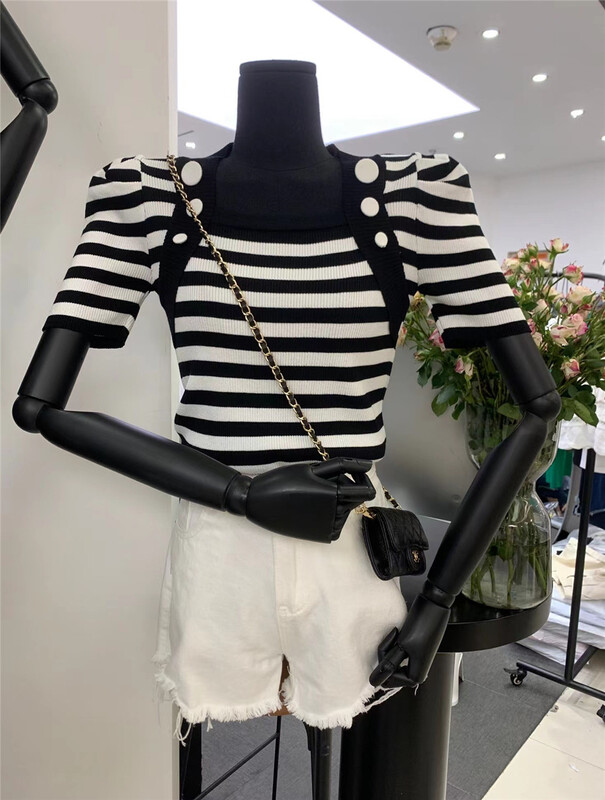 goods in stock! New in early summer! [angelyue] square neck design, vintage and slim shirt 007# LSL