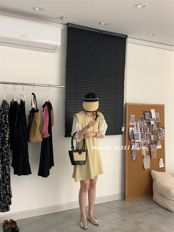 【MINT TEA】韓系拼接袖子撞色設計連衣裙  22917#  ZJY