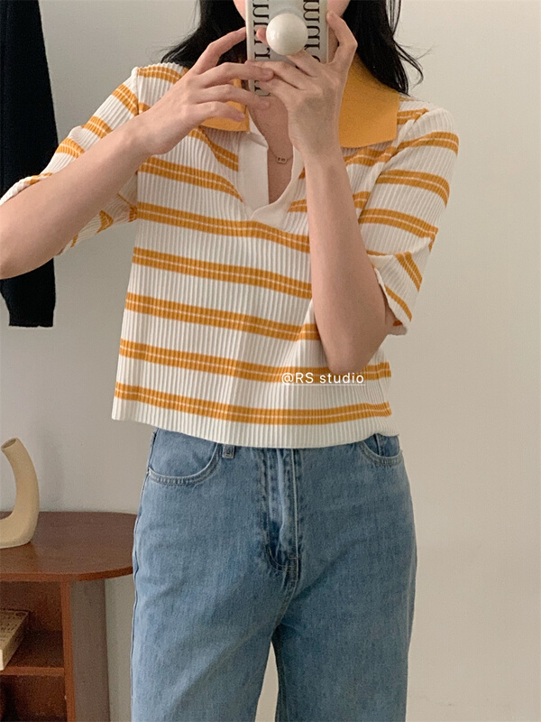 goods in stock! New in early summer! [RS] Polo neck stripe versatile short sleeve T-shirt m2003# XYY