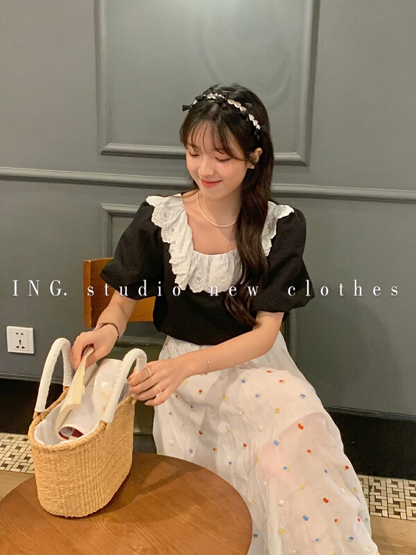 [ing] lace collar stitched waffle blouse ing-9026# HBx