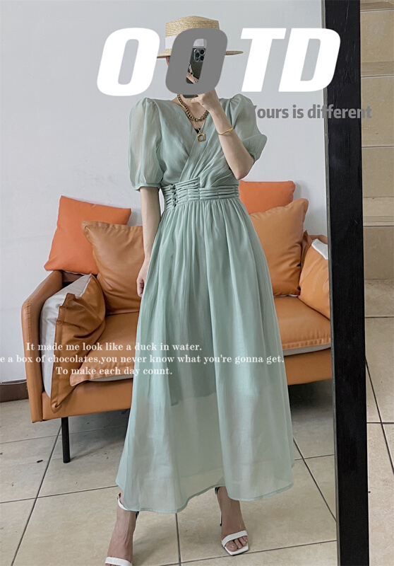 [Sanshun] pleated lady V-neck dress 6629# L