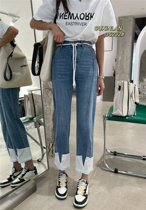 goods in stock! Summer new! [plain blue] stitching design, vintage and slim jeans (with waist rope) 35232# LSL