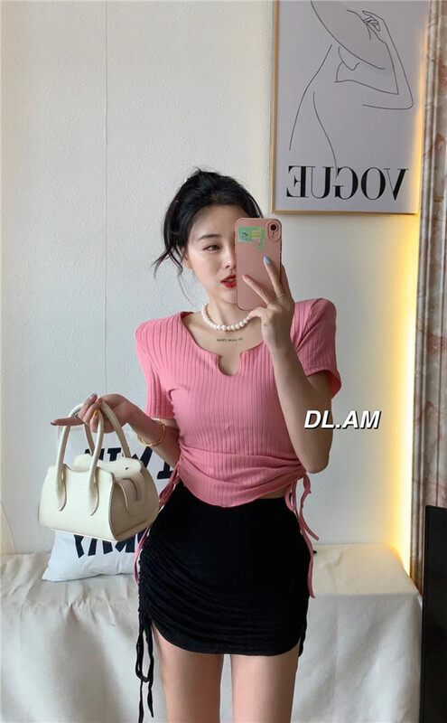[dl. Am] slim fit short drawstring lace up blouse (excluding necklace) 80198# WPL