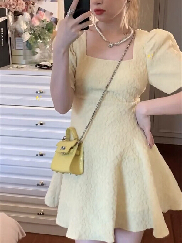 [Yingying new clothes] French sweet little bubble sleeve square neck dress 7436# Cl