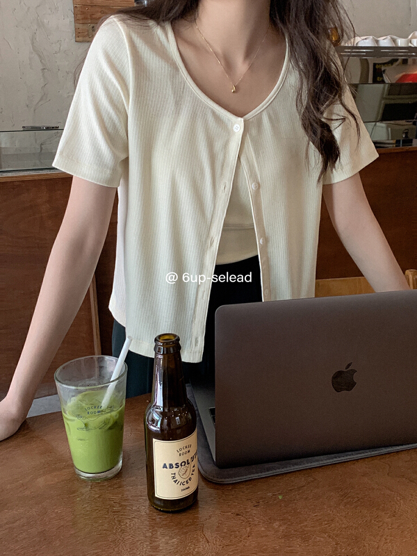 goods in stock! [6-up] Korean simple short sleeve button up blouse + basic suspender vest set 68262# XJ