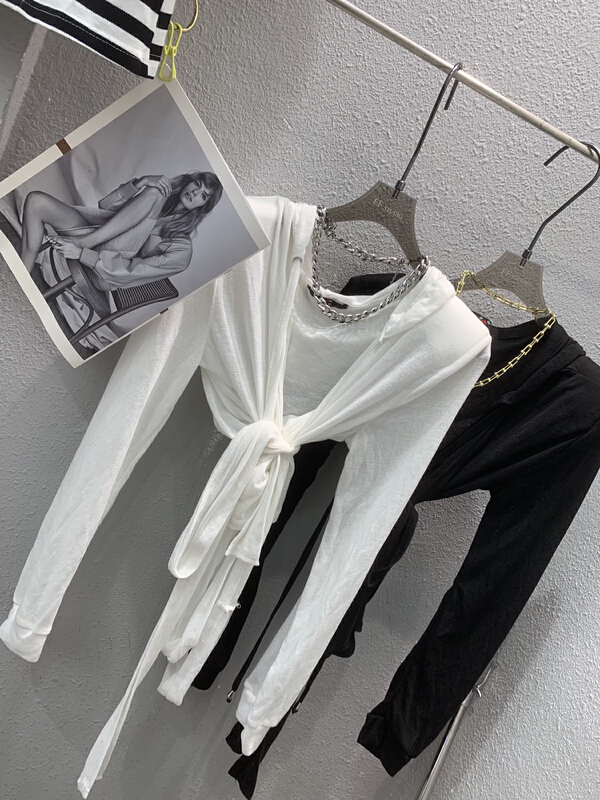 [FF. Studio] sexy hot girl deep V Neck cross strap long sleeved T-shirt (T-shirt only) 6098# ozq