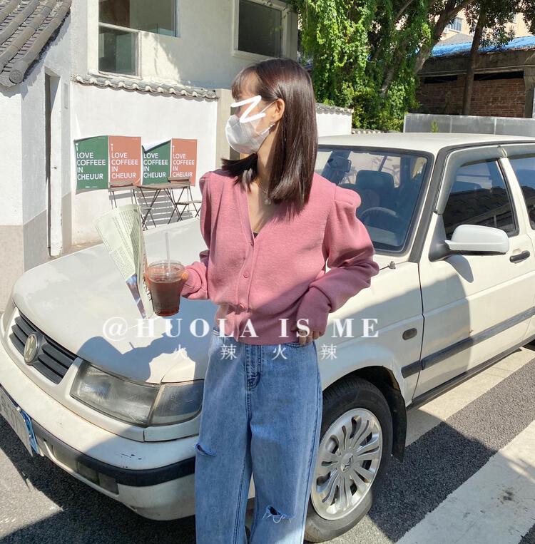 New year in early spring! [hot Huola is me] short design bubble sleeve knitted cardigan (including 30% wool) 3132# cqw