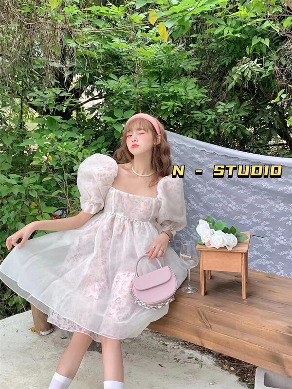 【N】 Fairy bubble sleeve Korean Short Sleeve crimp dress 0805# WTT