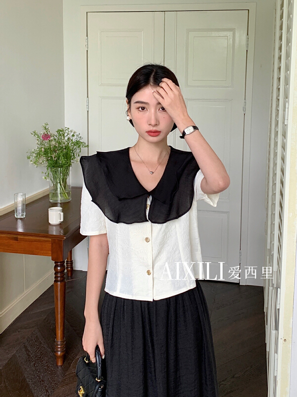 In early summer! [aixili Sicily] French color blocked lotus leaf collar single breasted shirt 6315\wpl