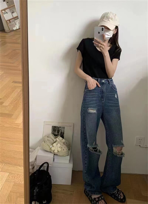 [Xiaoyan family] fashion straight jeans with holes 2002# XYJ