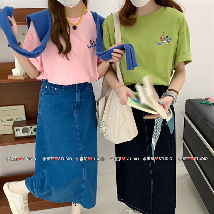 [rara] Korean aircraft funny printed round neck Pullover short sleeve T-shirt 37020# LSL