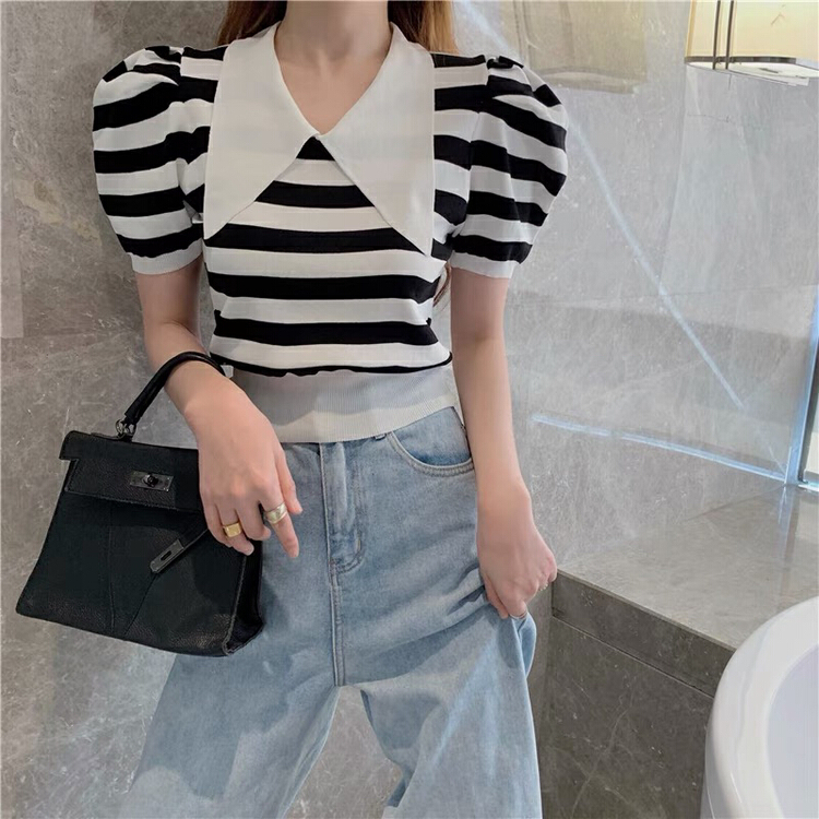 [strawberry] contrast V-neck striped T-shirt s832# L