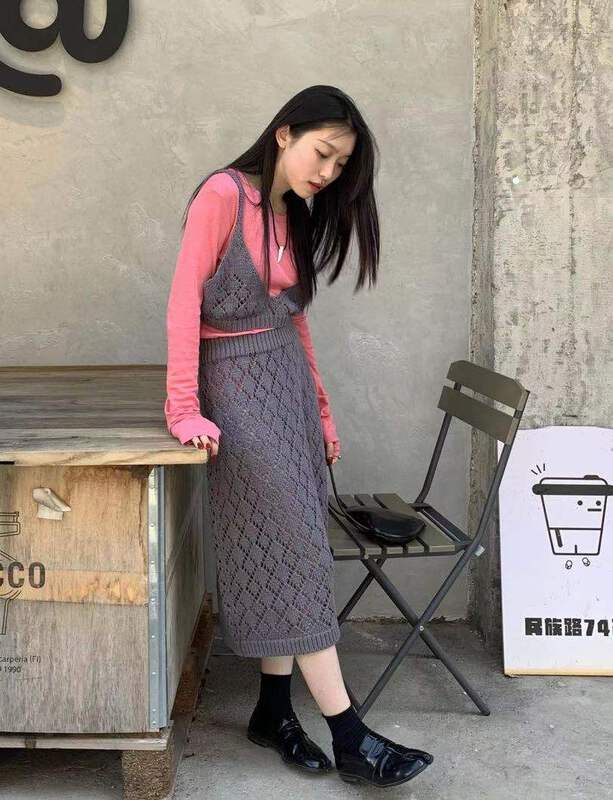 New year in early spring! [9hour] sleeveless hollowed out Vest + high waist slim skirt suit x028# zxl