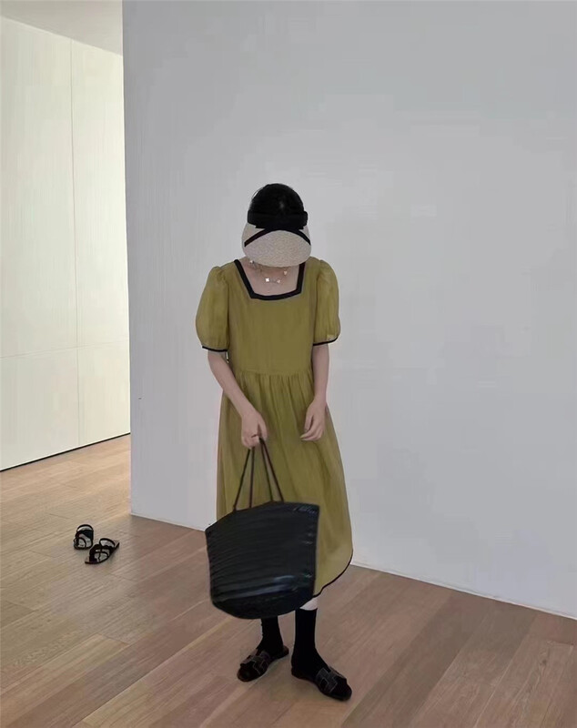 [Susan] square neck contrast color edge lady style lace up waist dress 18533# LSW